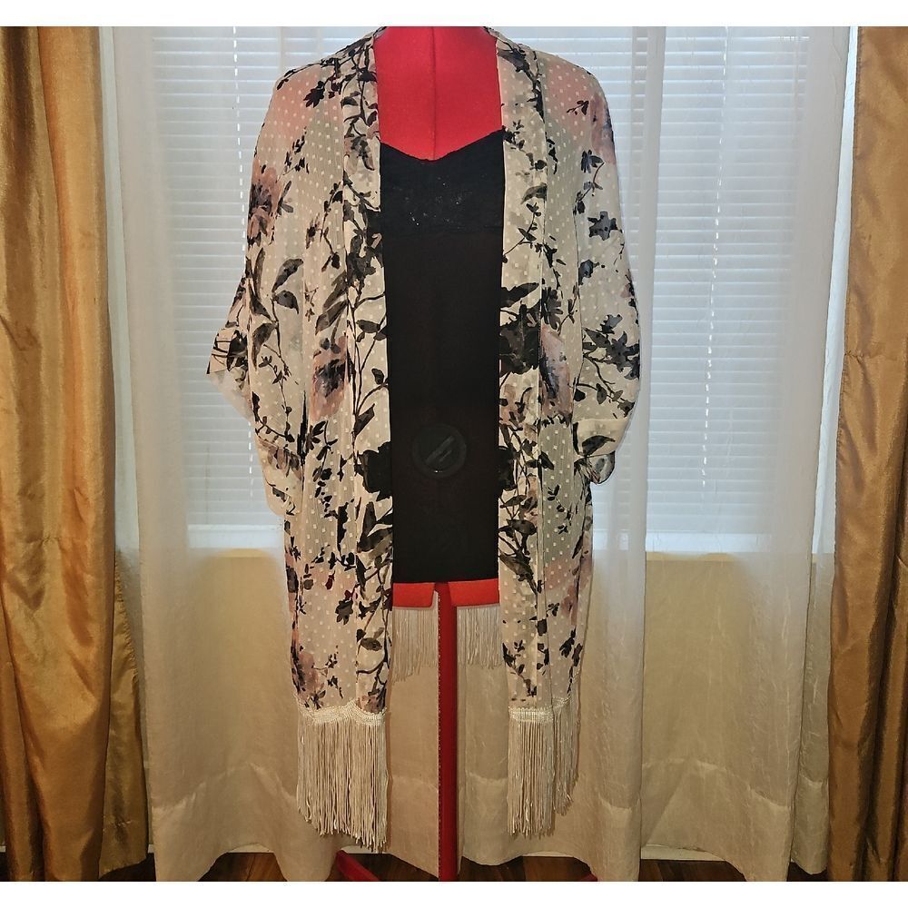 MIXIT Floral Kimono Cardigan with Fringe